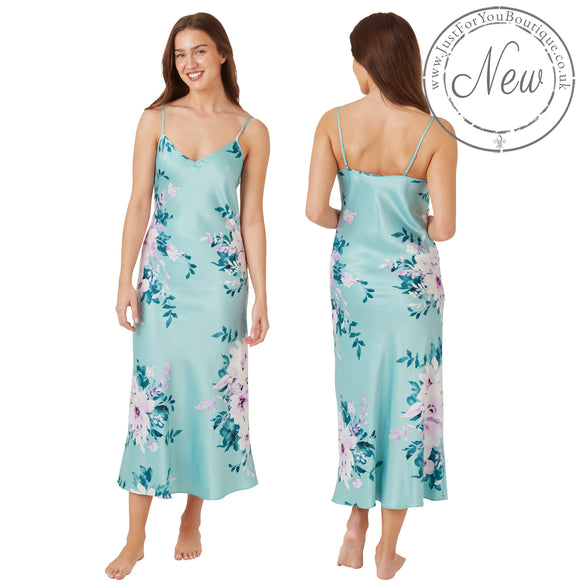 long full length mat satin chemise nightdress with string adjustable straps in summer bloom floral aqua turquoise in UK plus sizes 8, 10, 16, 18, 20, 22, 24, 26