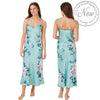 long full length mat satin chemise nightdress with string adjustable straps in summer bloom floral aqua turquoise in UK plus sizes 8, 10, 16, 18, 20, 22, 24, 26