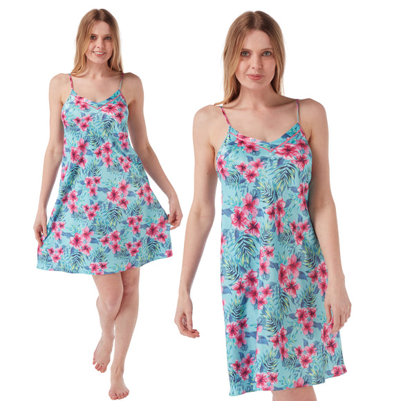 aqua turquoise background with a large pink tropical hibiscus flower mat satin chemise nightie which is knee length with adjustable straps and a vee neck detail in UK sizes 12, 14, 16,