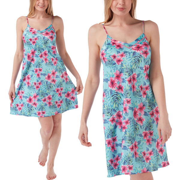 Aqua turquoise background with a large pink tropical hibiscus flower mat satin chemise nightie which is knee length with adjustable straps and a vee neck detail in UK sizes 14, 16,