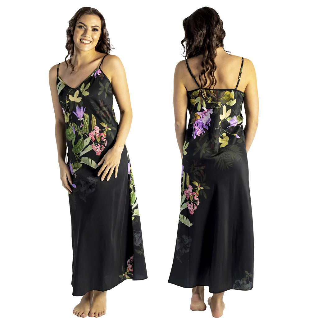 long full length mat satin chemise nightdress with string adjustable straps in a black background with a purple bloom pattern in UK plus sizes 8, 10, 12, 14, 16, 18, 20, 22, 24, 26,