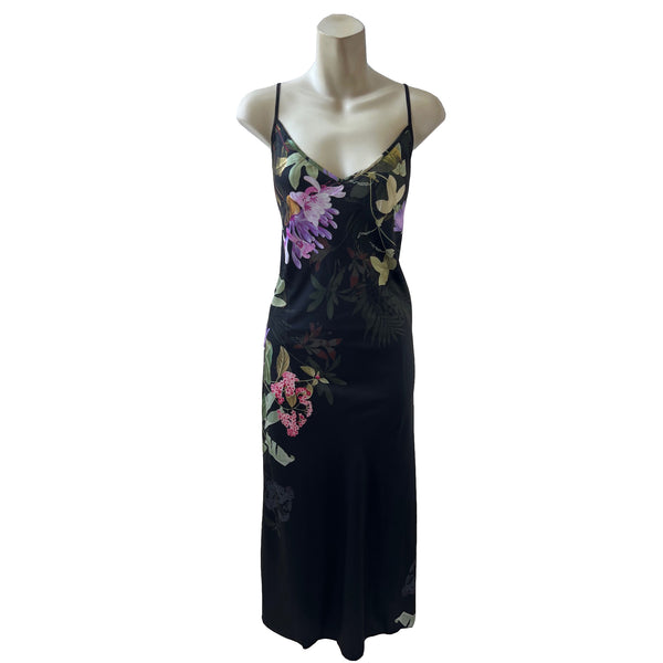 long full length mat satin chemise nightdress with string adjustable straps in a black background with a purple bloom pattern in UK plus sizes 8, 10, 12, 14, 16, 18, 20, 22, 24, 26,