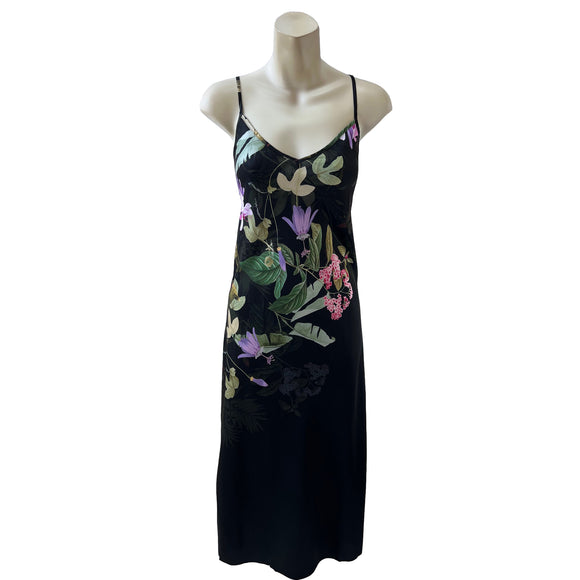 long full length mat satin chemise nightdress with string adjustable straps in a black background with a purple bloom pattern in UK plus sizes 8, 10, 12, 14, 16, 18, 20, 22, 24, 26,