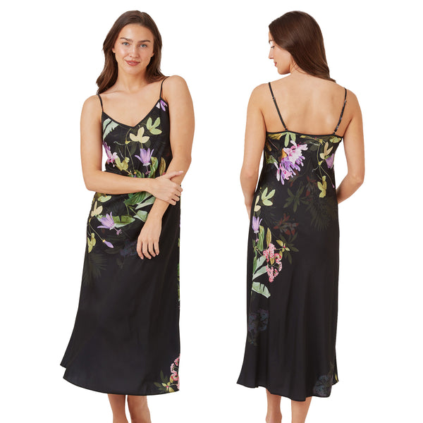 long full length mat satin chemise nightdress with string adjustable straps in a black background with a purple bloom pattern in UK plus sizes 8, 10, 12, 14, 16, 18, 20, 22, 24, 26,