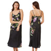 long full length mat satin chemise nightdress with string adjustable straps in a black background with a purple bloom pattern in UK plus sizes 8, 10, 12, 14, 16, 18, 20, 22, 24, 26,