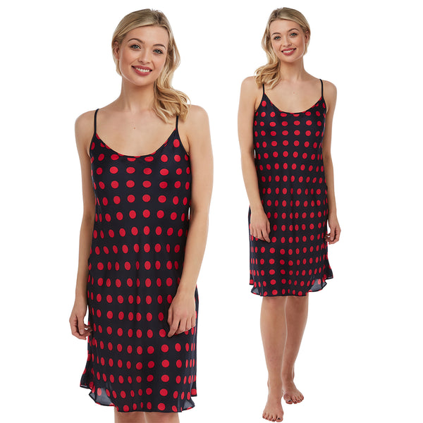 black background with a large red polka dot spot print satin chemise nightie which is knee length with adjustable straps and a round neck detail in UK plus sizes 12, 14, 16, 18, 20, 22, 24, 26, 28, 30, 32