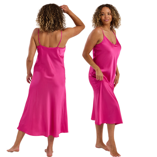 long full length mat satin chemise nightdress with string adjustable straps in plain bright blossom pink in UK plus sizes 16, 18, 20, 22, 24, 26