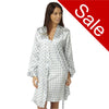 ivory background and delph blue tile pattern silky shiny satin matching string strap chemise and dressing gown robe set which is knee length in UK sizes 14, 16,