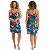Teal bohemian palm floral print mat satin chemise, nightie which is knee length with adjustable straps and a vee neck detail in UK plus sizes 16, 18, 20, 22, 24, 26