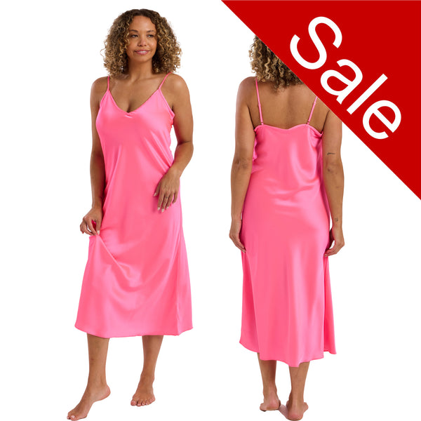 long full length mat satin chemise nightdress with string adjustable straps in plain bright blossom pink in UK plus sizes 16, 18, 20, 22, 24, 26