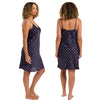 Navy tartan, plaid, check print mat satin chemise, nightie which is knee length with adjustable straps and a vee neck detail in UK plus sizes 16, 18, 20, 22, 24, 26  