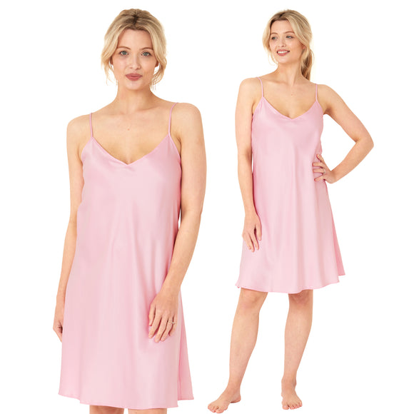 plain pastel pink satin chemise nightie which is knee length with adjustable straps and a vee neck detail in UK plus sizes 12, 14, 16, 18, 20, 22, 24, 26, 28, 30, 32, 34, 36, 38