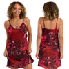 Cherry red oversize tropical bloom floral print mat satin chemise, nightie which is knee length with adjustable straps and a vee neck detail in UK plus sizes 16, 18, 20, 22, 24, 26