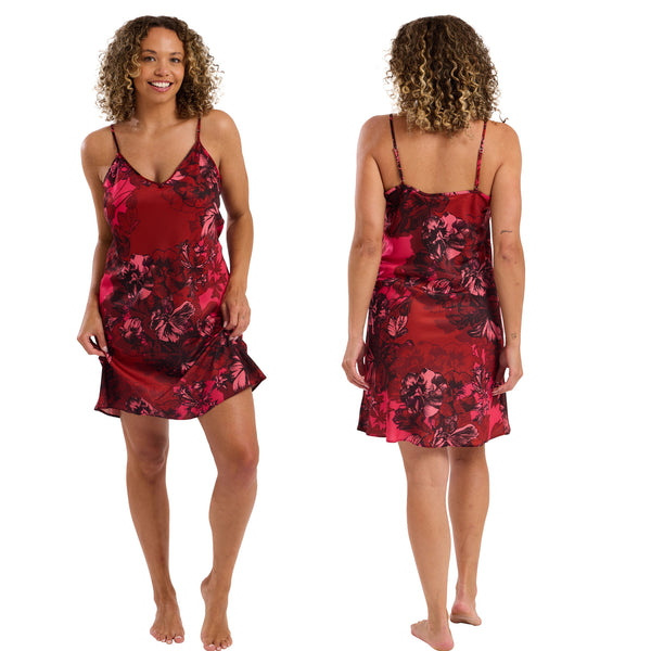 Cherry red oversize tropical bloom floral print mat satin chemise, nightie which is knee length with adjustable straps and a vee neck detail in UK plus sizes 16, 18, 20, 22, 24, 26