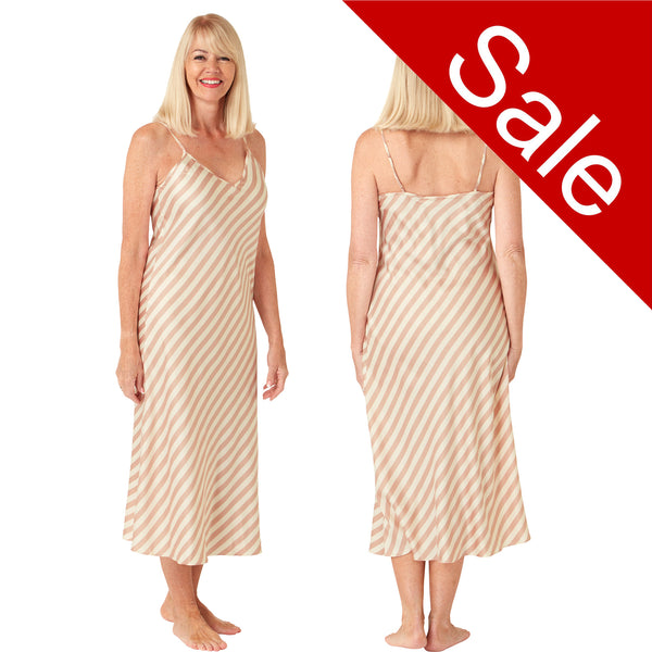 Long full length mat satin chemise nightdress with string adjustable straps in a nude and pink stripe pattern in UK plus sizes 8, 10, 12, 14, 16, 18, 20, 22, 24, 26,