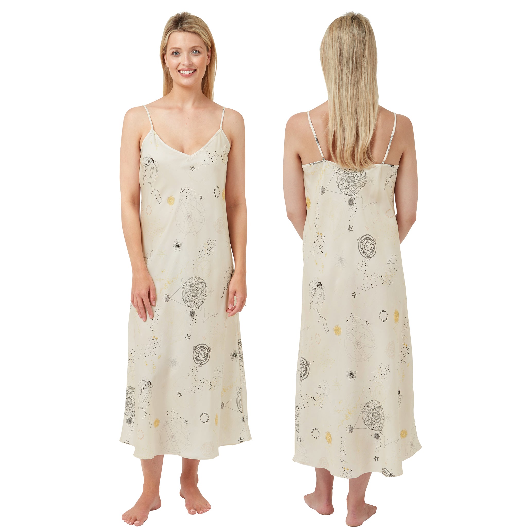 Long Full Length Cream Travel Print Sexy Satin Chemise Nightdress
