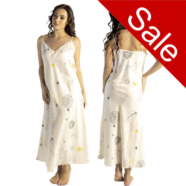 Long full length mat satin chemise nightdress with string adjustable straps in a cream background with a travel theme pattern in UK plus sizes 16, 18, 20, 22, 24, 26,