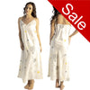 Long full length mat satin chemise nightdress with string adjustable straps in a cream background with a travel theme pattern in UK plus sizes 16, 18, 20, 22, 24, 26,