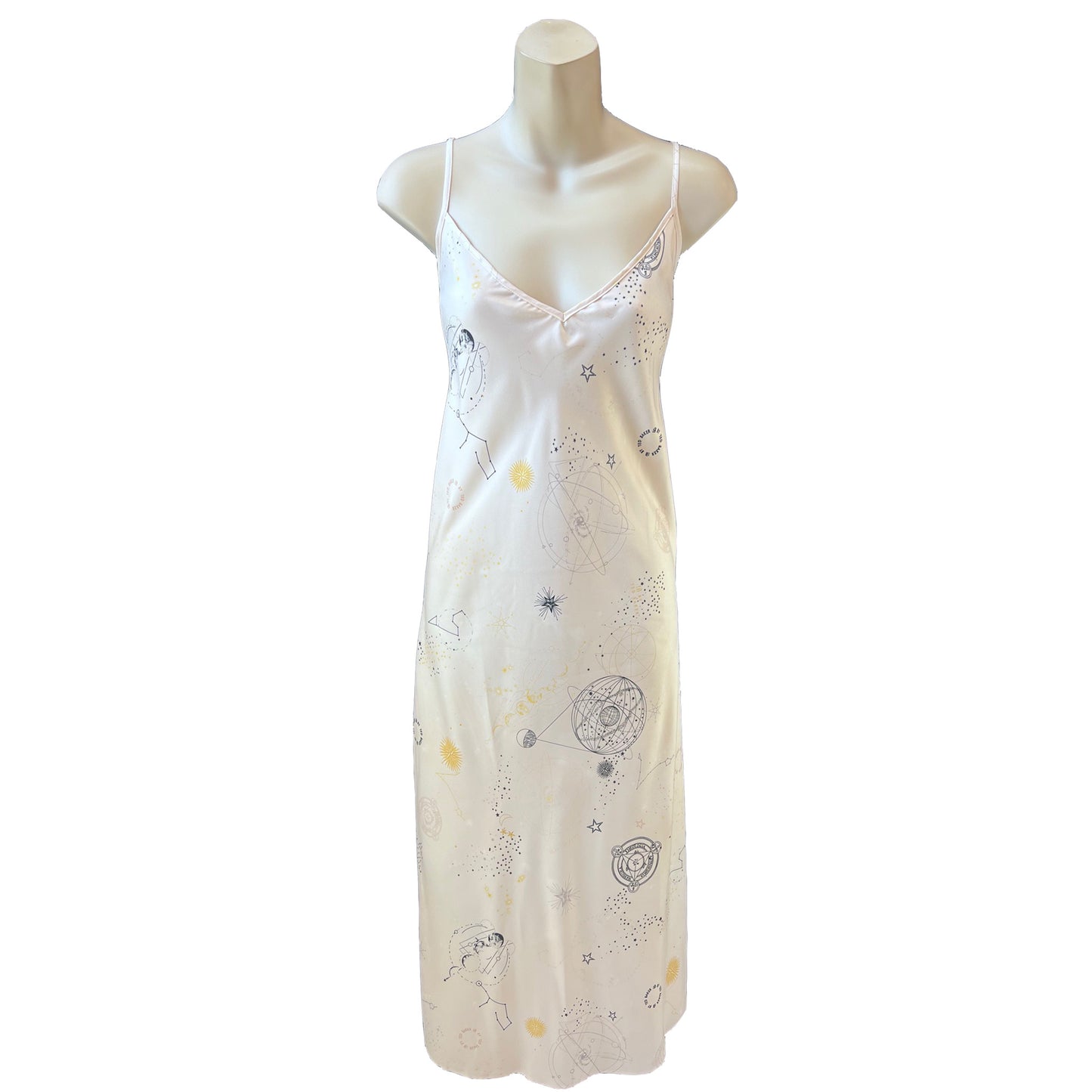 long full length mat satin chemise nightdress with string adjustable straps in a cream background with a travel theme pattern in UK plus sizes 8, 10, 12, 14, 16, 18, 20, 22, 24, 26,