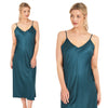 long full length mat satin chemise nightdress with string adjustable straps in plain peacock petrol blue in UK plus sizes 16, 18, 20, 22, 24, 26