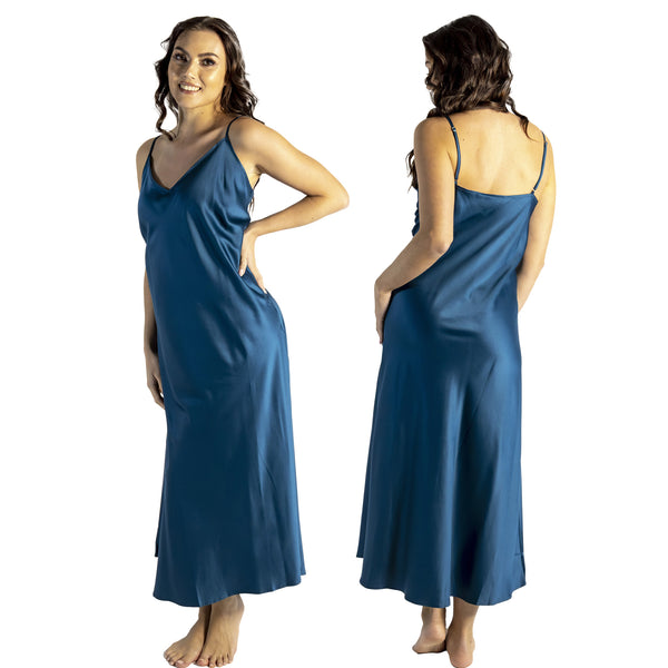 long full length mat satin chemise nightdress with string adjustable straps in plain peacock petrol blue in UK plus sizes 16, 18, 20, 22, 24, 26