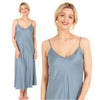 long full length mat satin chemise nightdress with string adjustable straps in plain blue in UK plus sizes 12, 14, 16, 18, 20, 22, 24, 26, 28, 30, 32, 34, 36, 38