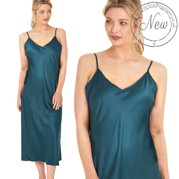 long full length mat satin chemise nightdress with string adjustable straps in plain peacock petrol blue in UK plus sizes 16, 18, 20, 22, 24, 26