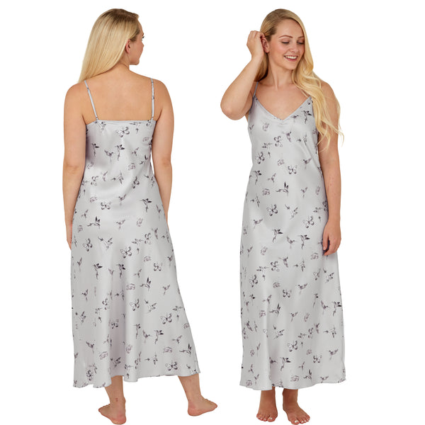 long full length mat satin chemise nightdress with string adjustable straps with a grey floral butterfly print in UK plus sizes 12, 14, 16, 18, 20, 22, 24, 26, 28, 30, 32, 34,