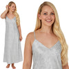long full length mat satin chemise nightdress with string adjustable straps with a grey paisley print in UK plus sizes 12, 14, 16, 18, 20, 22, 24, 26, 28, 30, 32, 34,