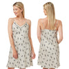 Cheetah animal print style with a ivory background in a silky mat satin chemise nightie which is knee length with adjustable straps and a vee neck detail in UK sizes 10, 12, 14, 16
