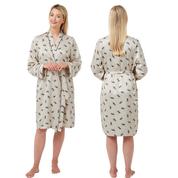 Cheetah animal print style with a ivory background in a silky mat satin wrap, dressing gown, bathrobe, kimono which is knee length with adjustable straps and a vee neck detail in UK sizes 10, 12, 14, 16, 18, 20