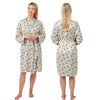 Cheetah animal print style with a ivory background in a silky mat satin wrap, dressing gown, bathrobe, kimono which is knee length with adjustable straps and a vee neck detail in UK sizes 10, 12, 14, 16, 18, 20