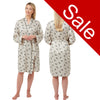 Cheetah animal print style with a ivory background in a silky mat satin wrap, dressing gown, bathrobe, kimono which is knee length with adjustable straps and a vee neck detail in UK sizes 10, 12, 14, 16, 18, 20
