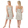 Cheetah animal print style with a ivory background in a silky mat satin chemise nightie which is knee length with adjustable straps and a vee neck detail in UK sizes 10, 12, 14, 16
