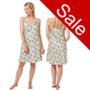 Cheetah animal print style with a ivory background in a silky mat satin chemise nightie which is knee length with adjustable straps and a vee neck detail in UK sizes 10, 12, 