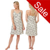 Cheetah animal print style with a ivory background in a silky mat satin chemise nightie which is knee length with adjustable straps and a vee neck detail in UK sizes 10, 12, 