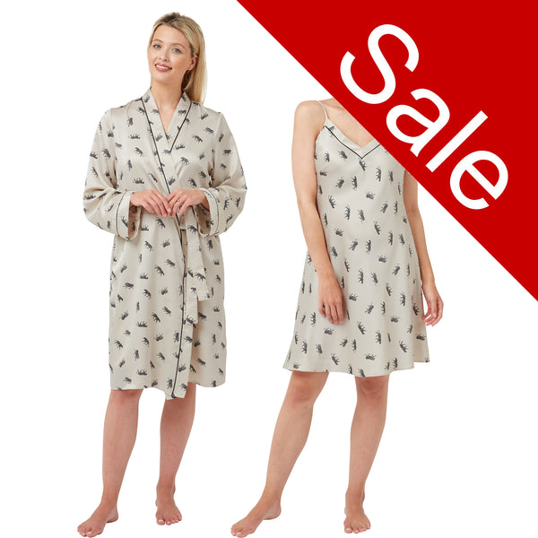 Ivory cheetah, tiger print silky mat satin matching knee length chemise and dressing gown robe set in UK size 10-12, 