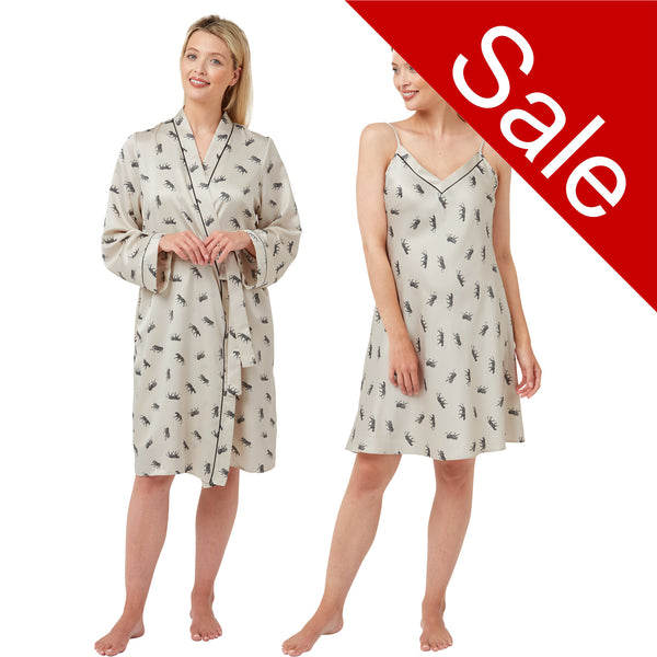 Ivory cheetah, tiger print silky mat satin matching knee length chemise and dressing gown robe set in UK size 10-12, 