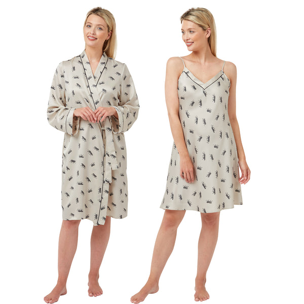 Ivory cheetah, tiger print silky mat satin matching knee length chemise and dressing gown robe set in UK size 10-12, 