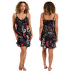 Black oversize tropical bloom floral print mat satin chemise, nightie which is knee length with adjustable straps and a vee neck detail in UK plus sizes 16, 18, 20, 22, 24, 26