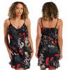 Black oversize tropical bloom floral print mat satin chemise, nightie which is knee length with adjustable straps and a vee neck detail in UK plus sizes 16, 18, 20, 22, 24, 26