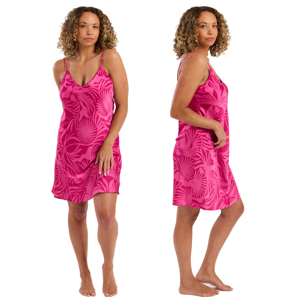 Hot pink tropical abstract floral mat satin chemise, nightie which is knee length with adjustable straps and a vee neck detail in UK plus sizes 16, 18, 20, 22, 24, 26, 28
