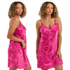 Hot pink tropical abstract floral mat satin chemise, nightie which is knee length with adjustable straps and a vee neck detail in UK plus sizes 16, 18, 20, 22, 24, 26, 28