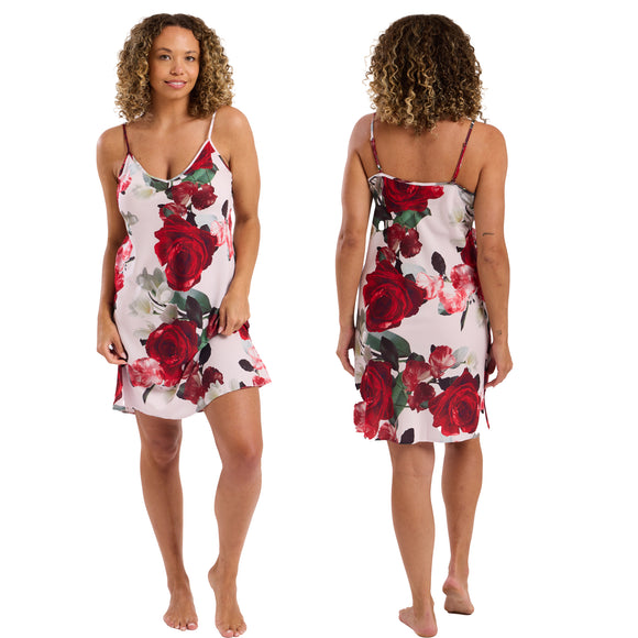 Pink oversize rose bloom floral print mat satin chemise, nightie which is knee length with adjustable straps and a vee neck detail in UK plus sizes 16, 18, 20, 22, 24, 26