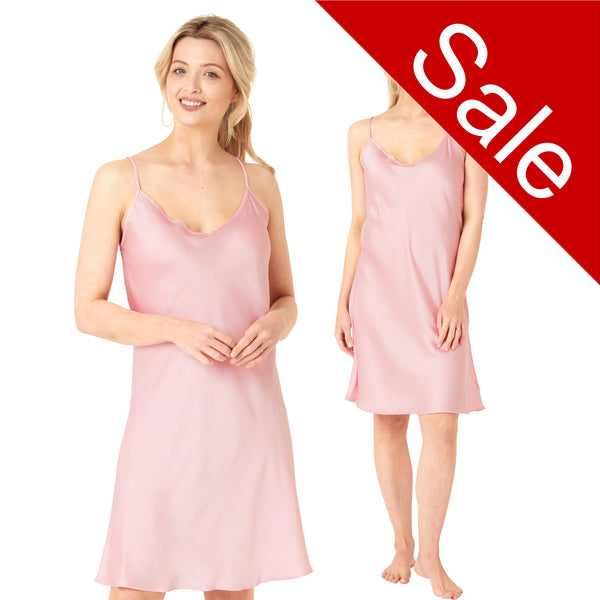 plain pastel pink satin chemise nightie which is knee length with adjustable straps and a vee neck detail in UK plus sizes 12, 14, 16, 18, 20, 22, 24, 26, 28, 30, 32, 34, 36, 38