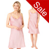 plain pastel pink satin chemise nightie which is knee length with adjustable straps and a vee neck detail in UK plus sizes 12, 14, 16, 18, 20, 22, 24, 26, 28, 30, 32, 34, 36, 38