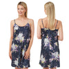 large floral spray print with a navy background satin chemise nightie which is knee length with adjustable straps and a round neck detail in UK plus sizes 8, 10, 12, 14, 16, 18, 20, 22, 24, 26