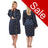 Cheetah animal print style with a navy background in a silky mat satin wrap, dressing gown, bathrobe, kimono which is knee length with adjustable straps and a vee neck detail in UK sizes 10, 12, 14, 16