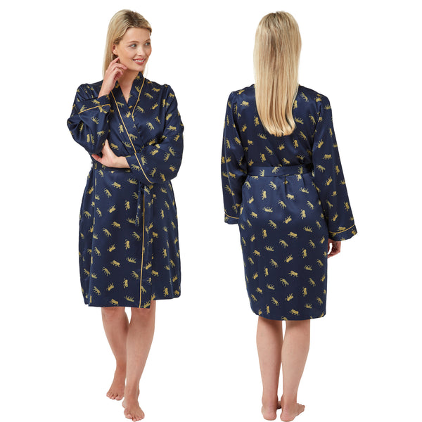 Cheetah animal print style with a navy background in a silky mat satin wrap, dressing gown, bathrobe, kimono which is knee length with adjustable straps and a vee neck detail in UK sizes 10, 12, 14, 16