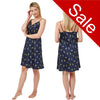 Cheetah animal print style with a navy background in a silky mat satin chemise nightie which is knee length with adjustable straps and a vee neck detail in UK sizes 10, 12, 18, 20,